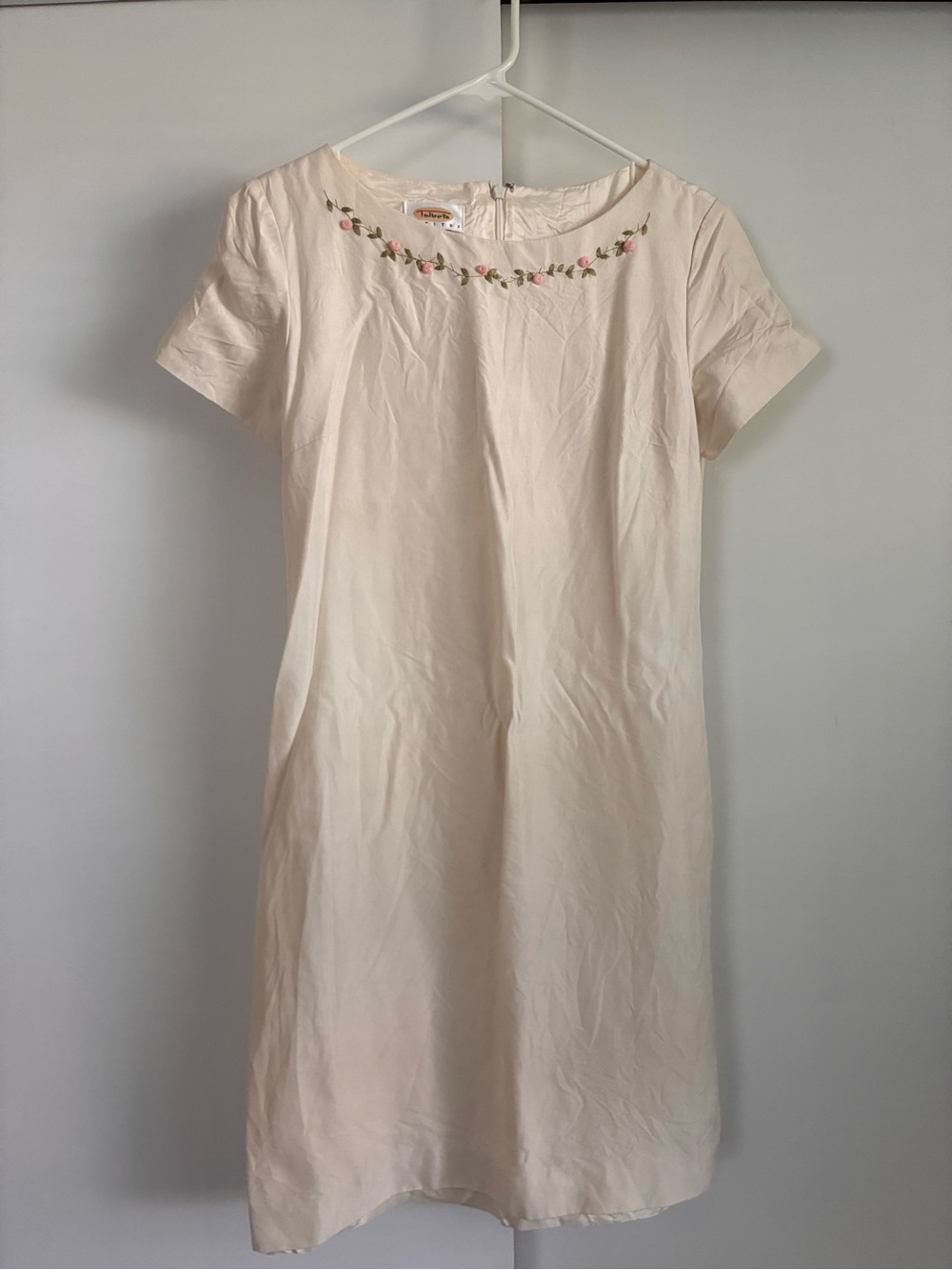 Talbots Cream Mini Dress with Pink & Green Embroidered Neckline